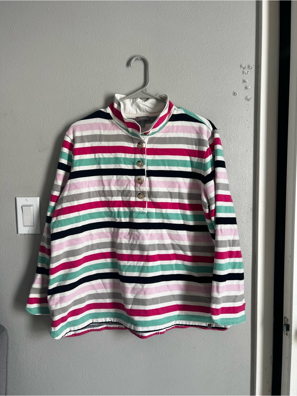 Talbots Multicolor Striped Henley Pullover - Pink, Green, Navy, Gray